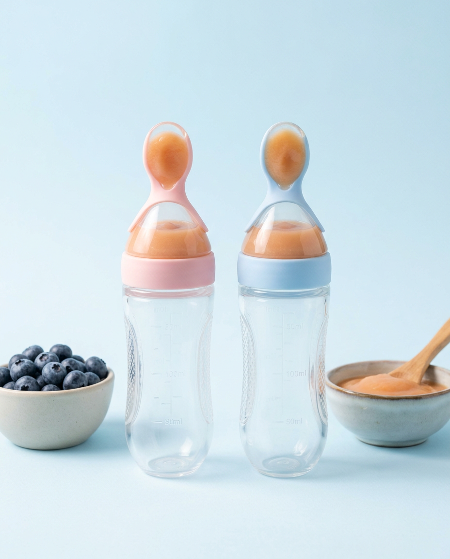 Pink and blue Glase squeeze spoon feeders side by side