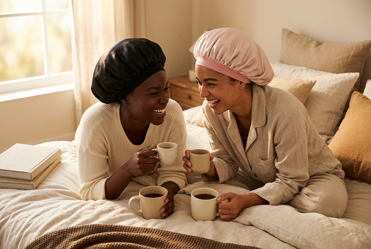Two friends laughing in bed with coffee: a Black woman in the Essential Black bonnet and a mixed-race woman in the Blush bonnet