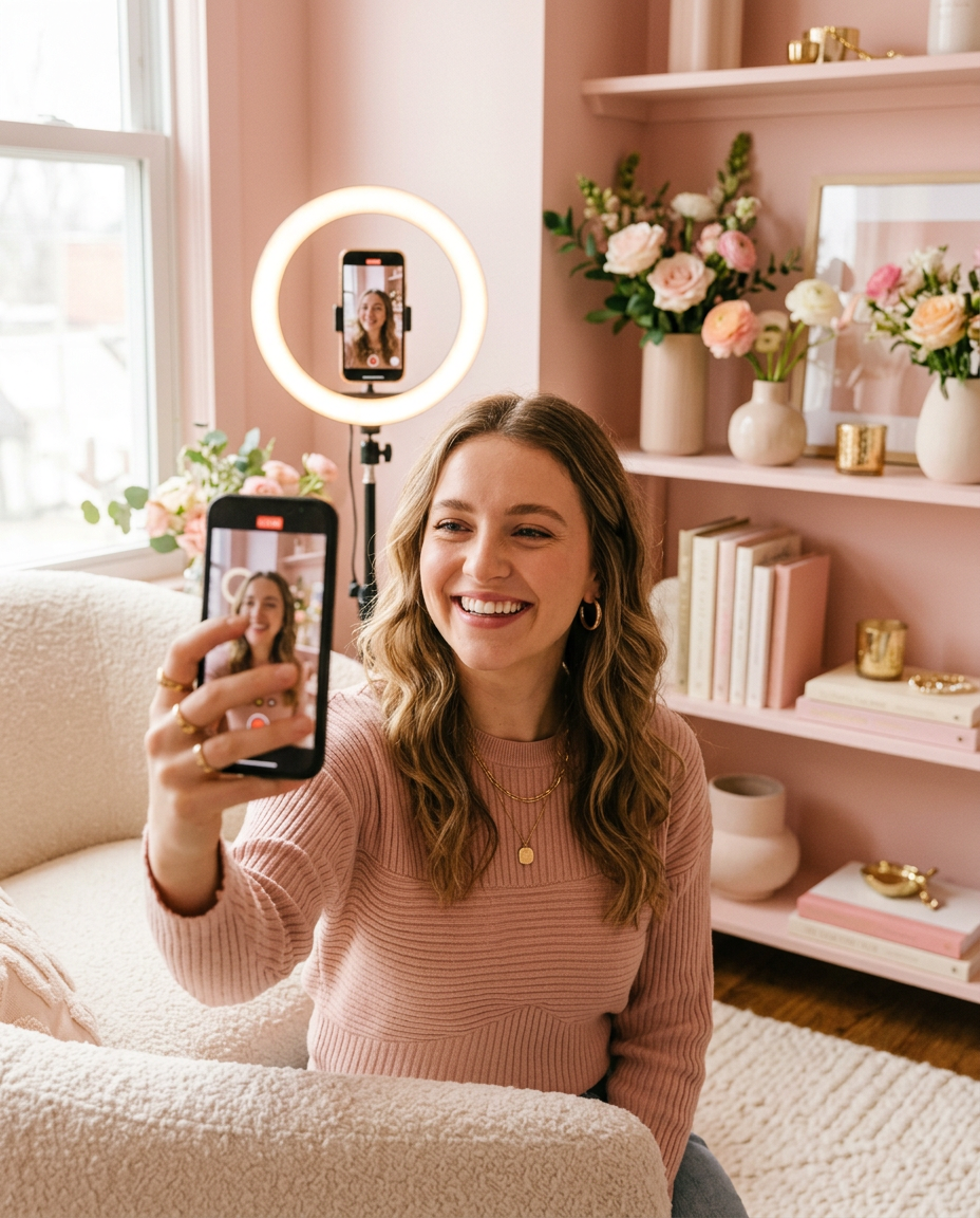 Smiling content creator filming herself with a smartphone in a pink home studio