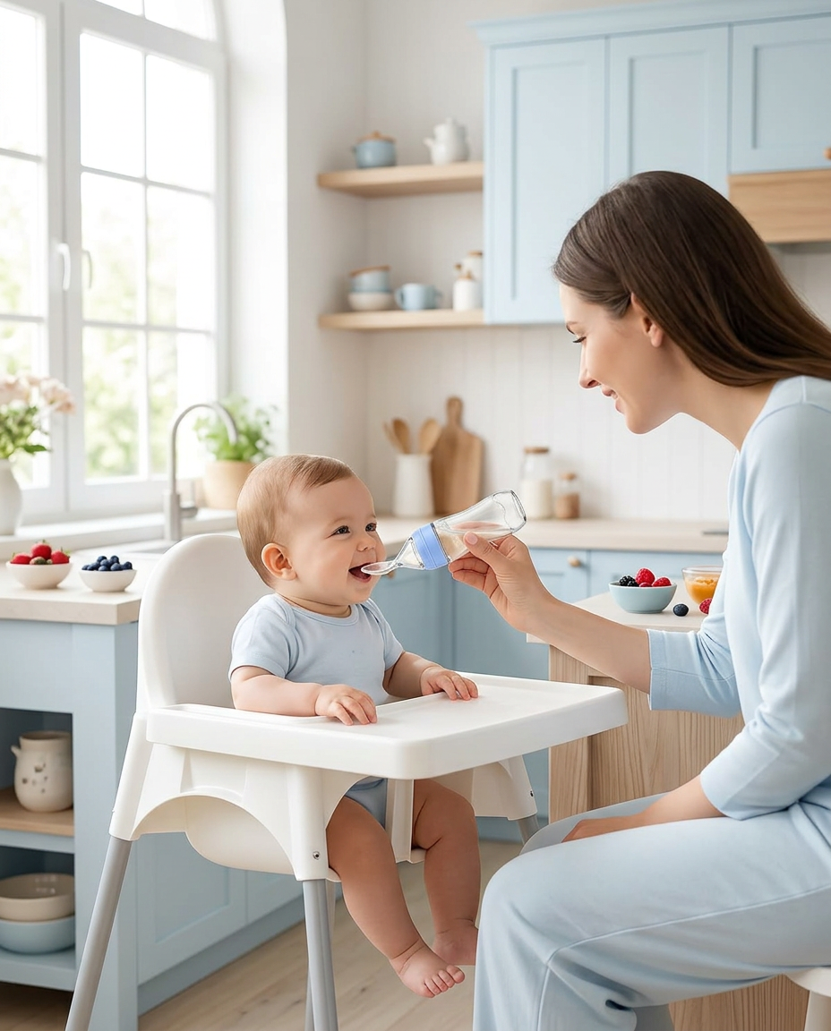 Mom feeding a happy baby in a high chair with the SqueezeSpoon feeder