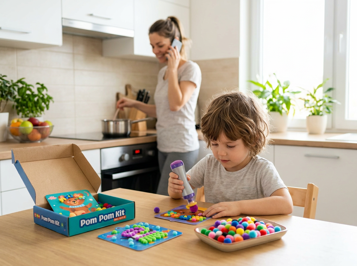 Dítě u kuchyňského stolu samo tvoří s Pom Pom sadou, maminka v pozadí vaří a telefonuje