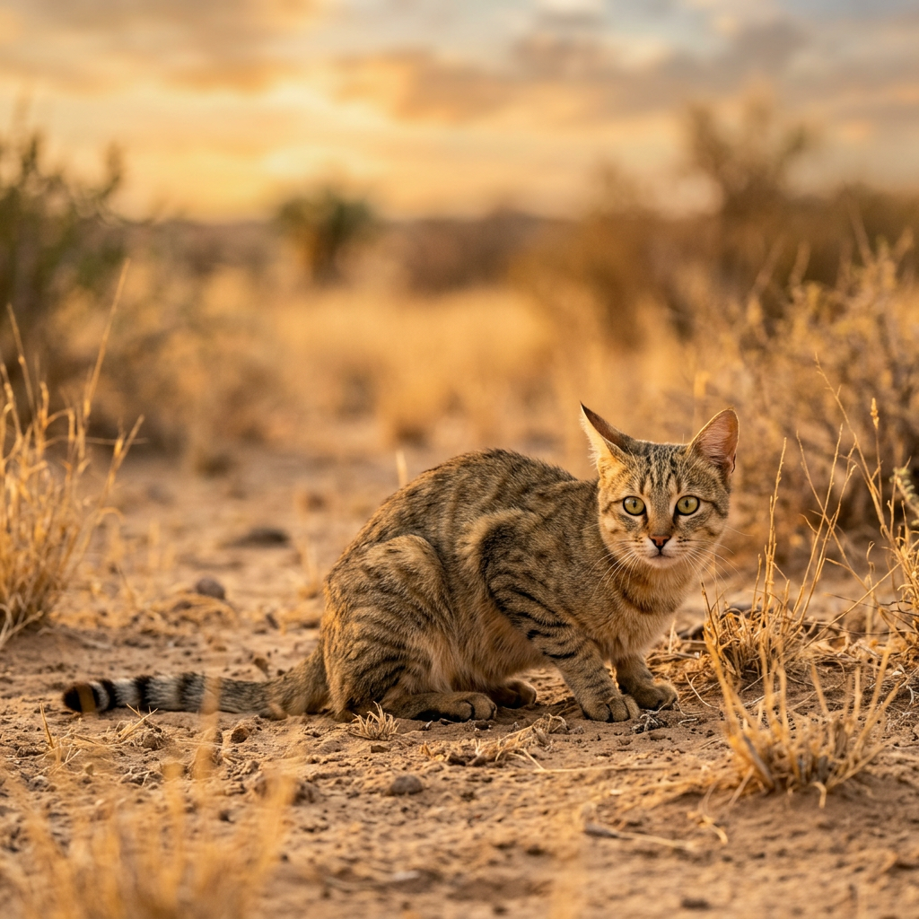 An African wildcat crouched on dry desert sand at golden hour