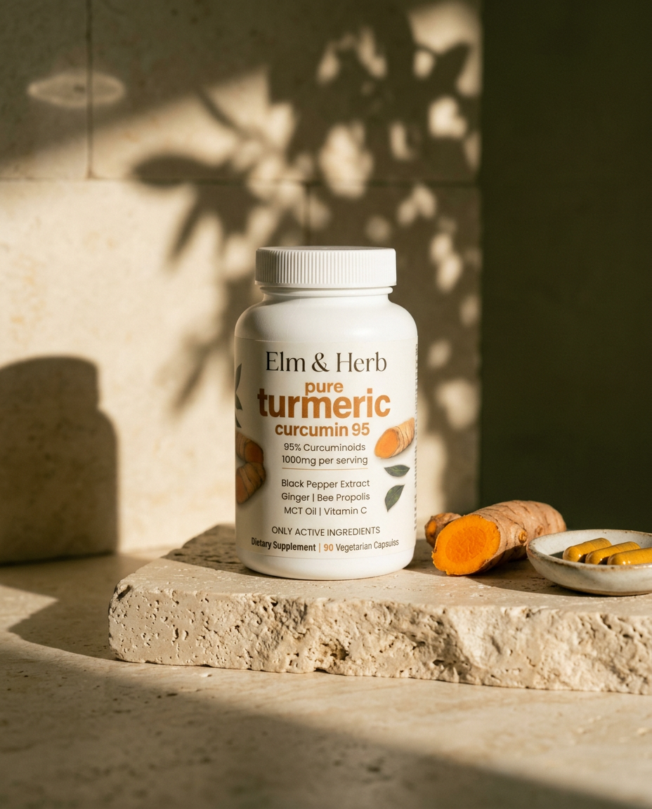 Elm & Herb turmeric bottle on a travertine stone plinth in warm sunlight, beside fresh cut turmeric root and a dish of capsules