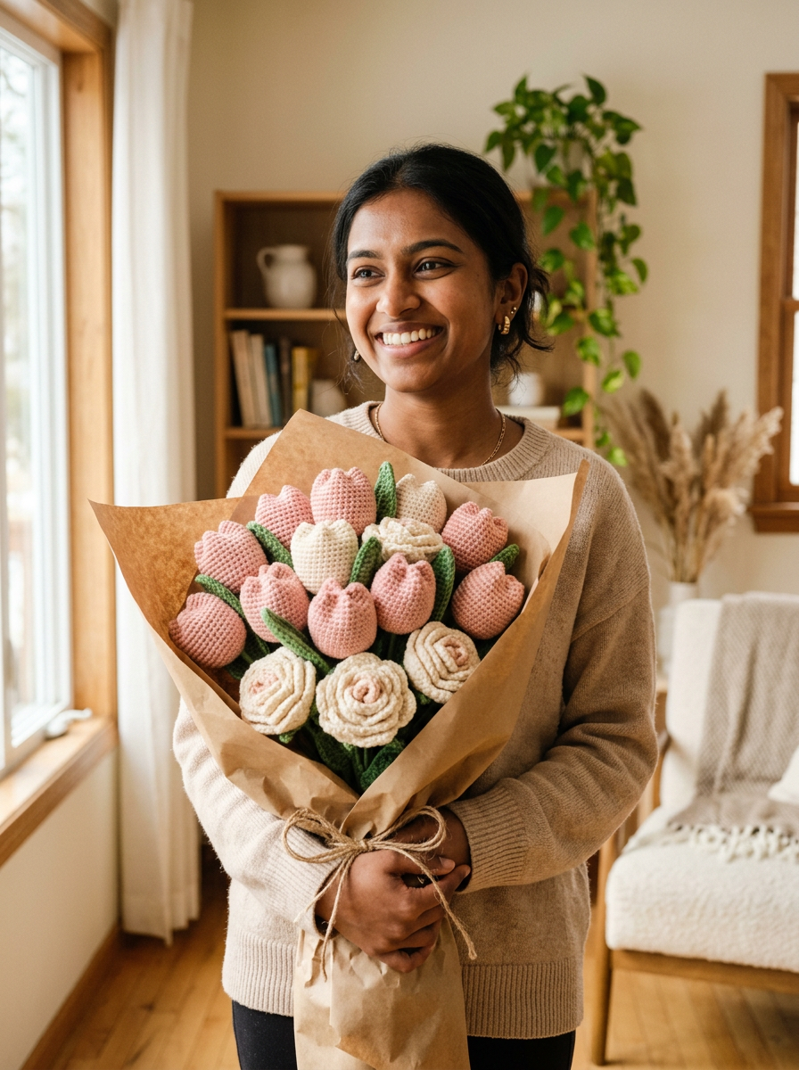 Woman smiling with a large handmade crochet bouquet