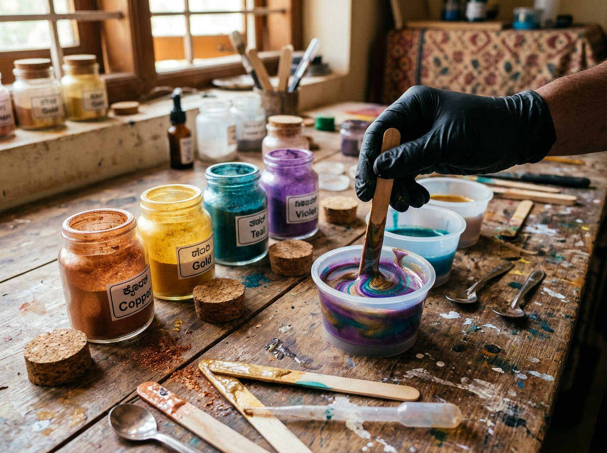 Resin artist mixing metallic mica powder into pigmented resin on a studio table