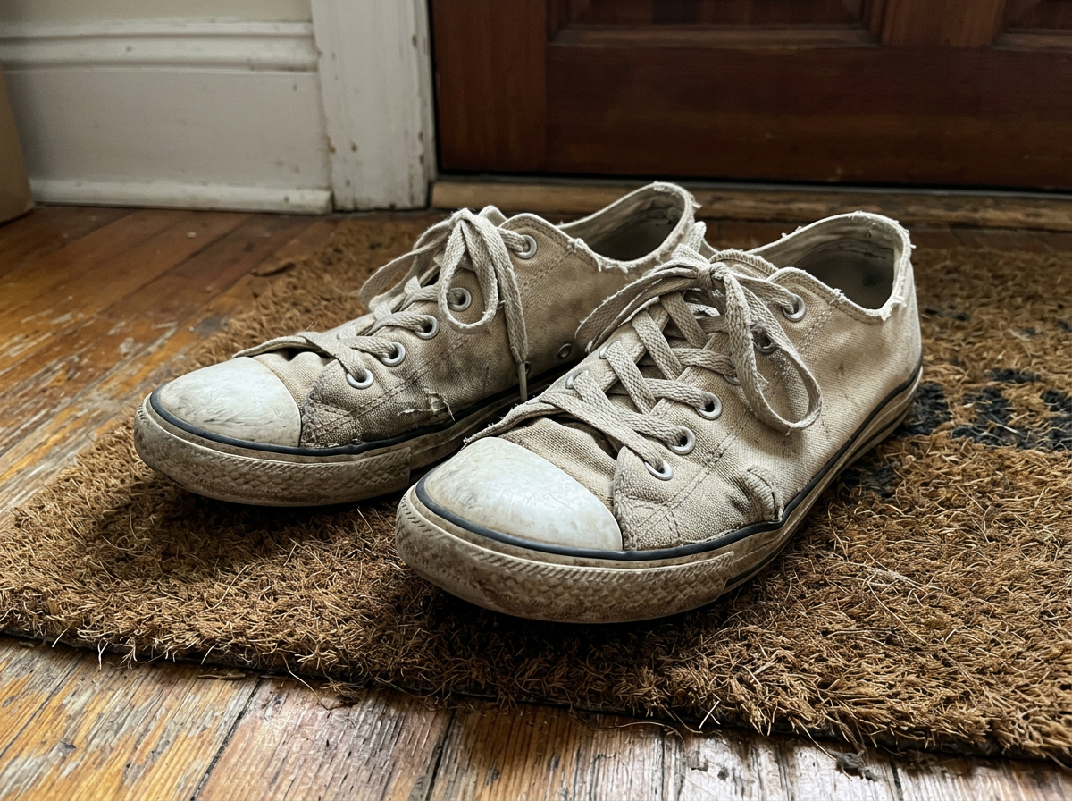 Old narrow beige sneakers stretched and bulging at the sides near the big toe joint