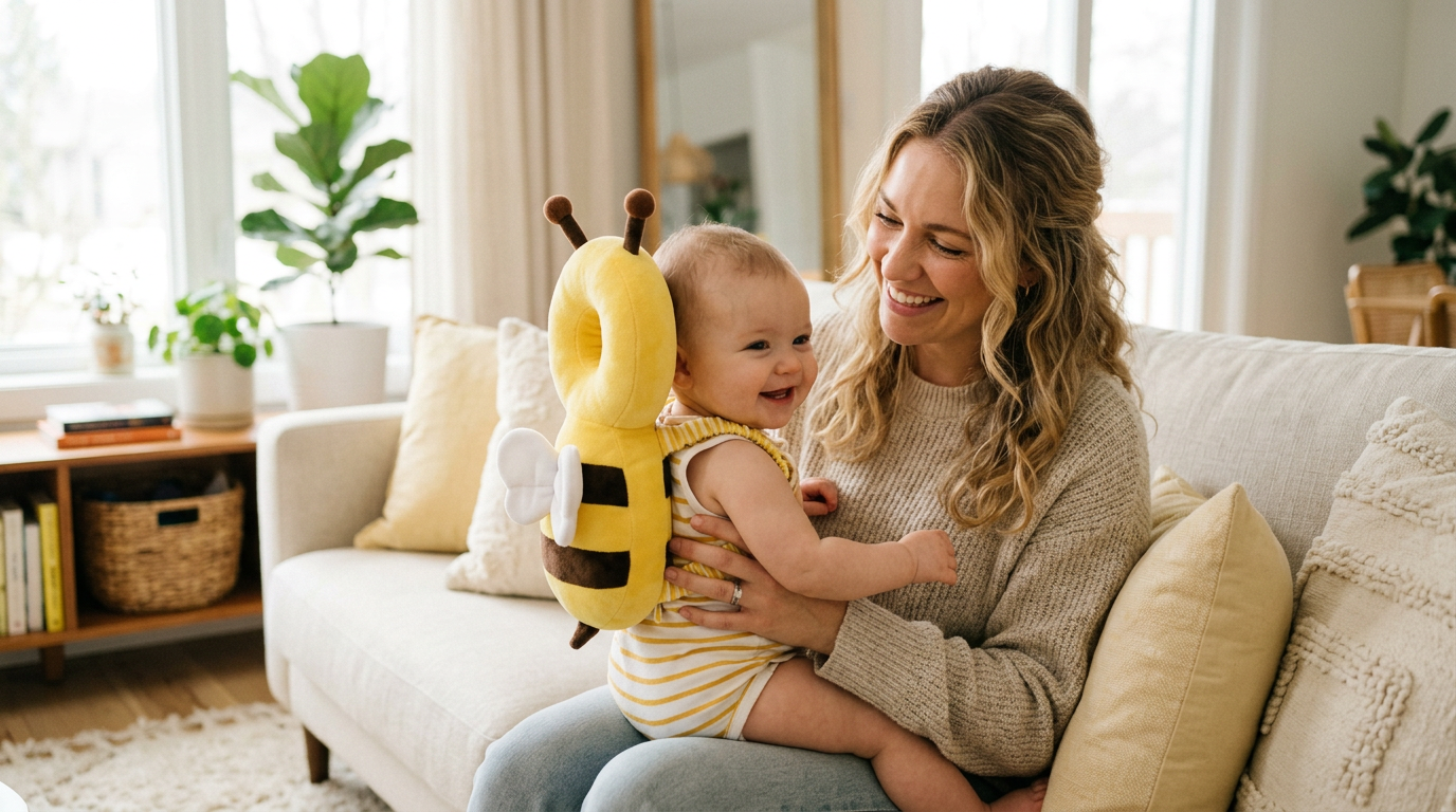 Mother smiling at her baby wearing the bee head protector