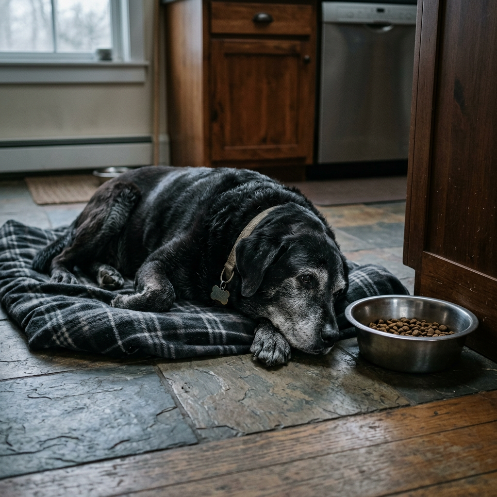 Prima: Labrador nero senior stanco sdraiato accanto alla ciotola