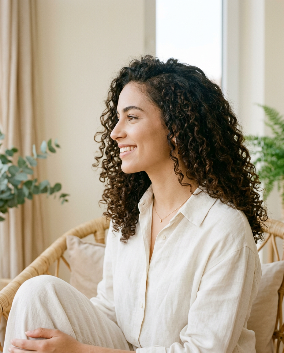 Mulher sorridente com caracóis definidos, à luz natural