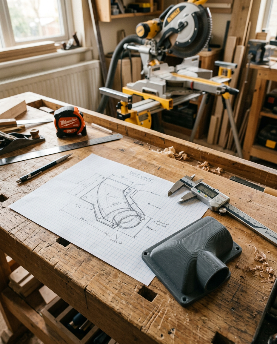 Pencil sketch of a dust collection chute next to calipers and a 3D-printed prototype on a workshop bench