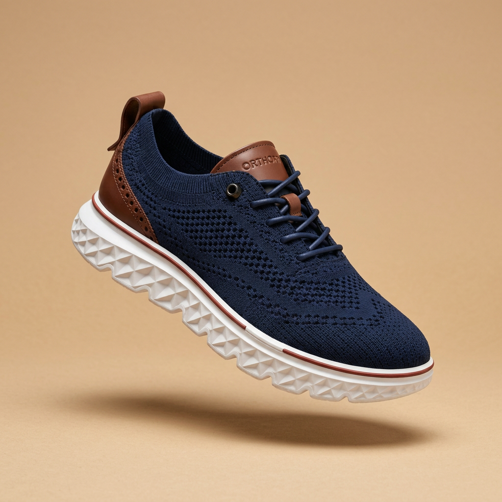 Navy OrthoFit orthopedic walking sneaker with chestnut leather heel and thick cushioned white sole