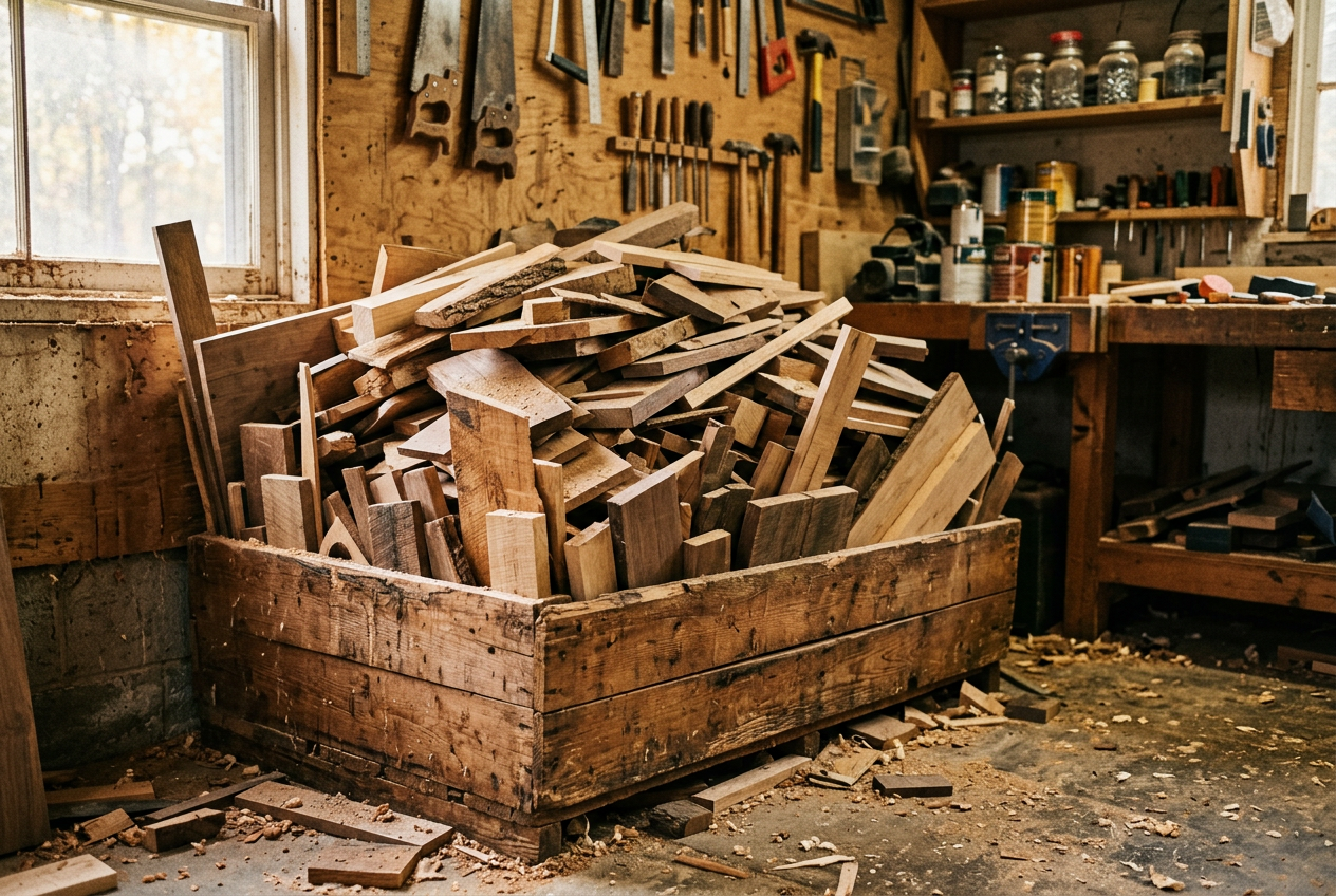 Bin overflowing with hardwood offcuts in a home workshop