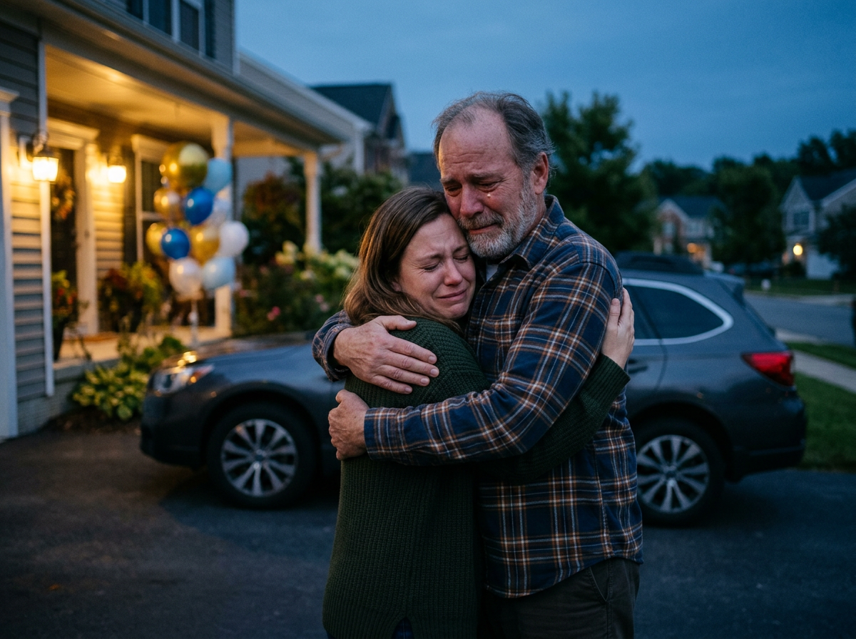 Emotional daughter hugging her father tightly beside the car at dusk after a family birthday party
