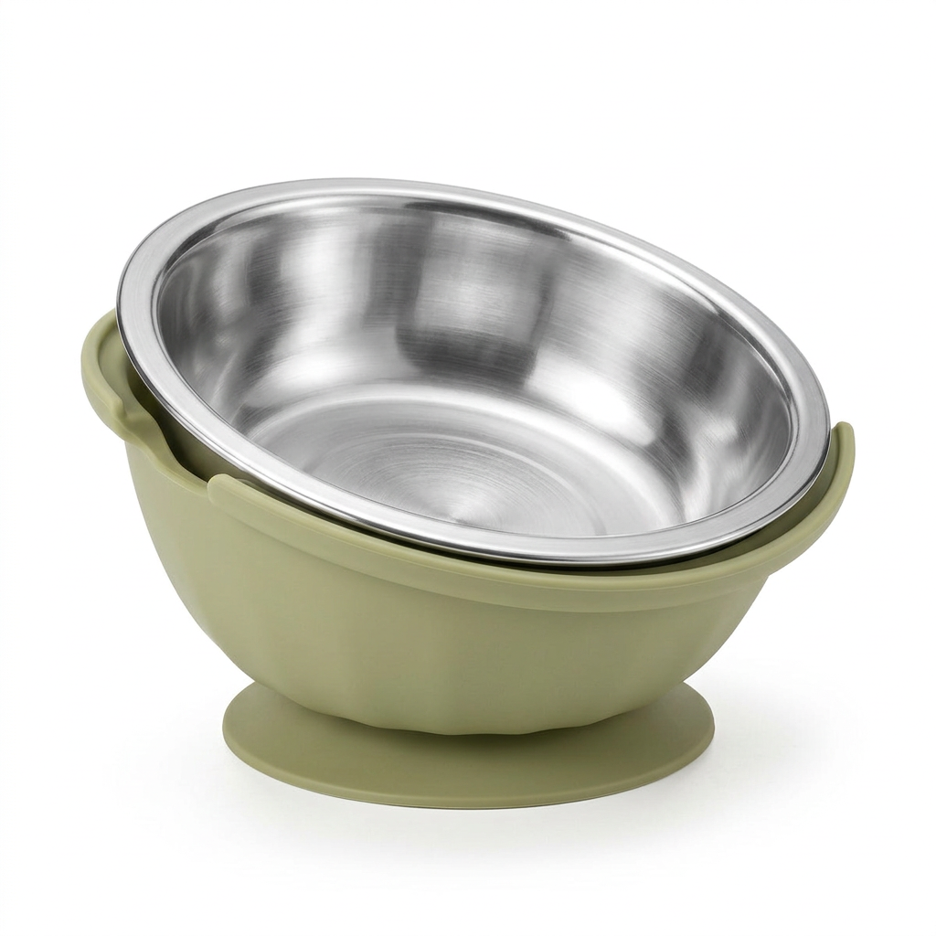 The tilted bowl with its sage silicone base and stainless steel insert