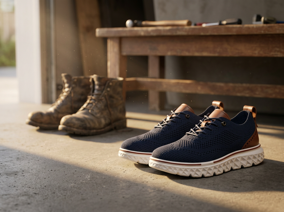 Navy OrthoFit sneakers on a garage floor with an old pair of worn work boots behind them