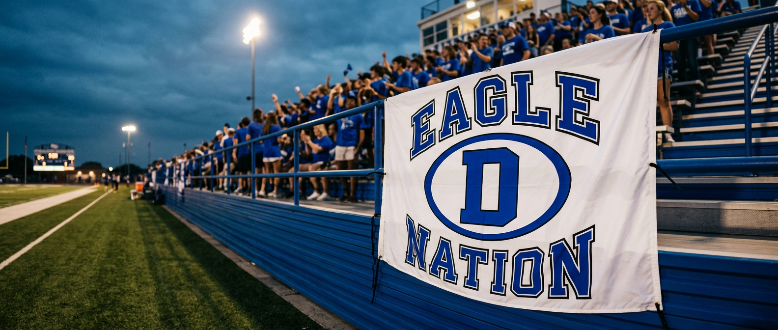 Eagle Nation banner hanging from the bleacher railing as fans in Eagles blue cheer under the stadium lights