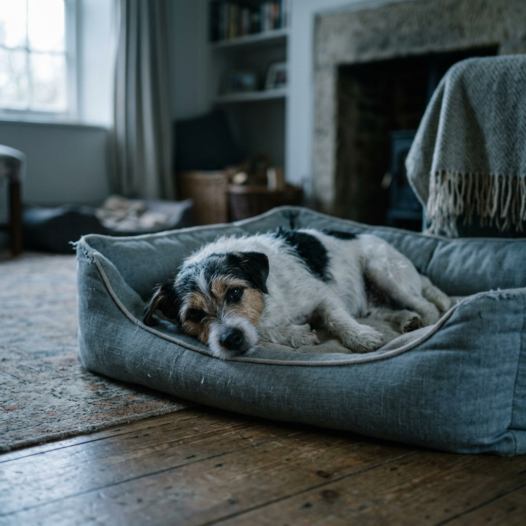 Prima: Jack Russell svogliato sdraiato sulla cuccia