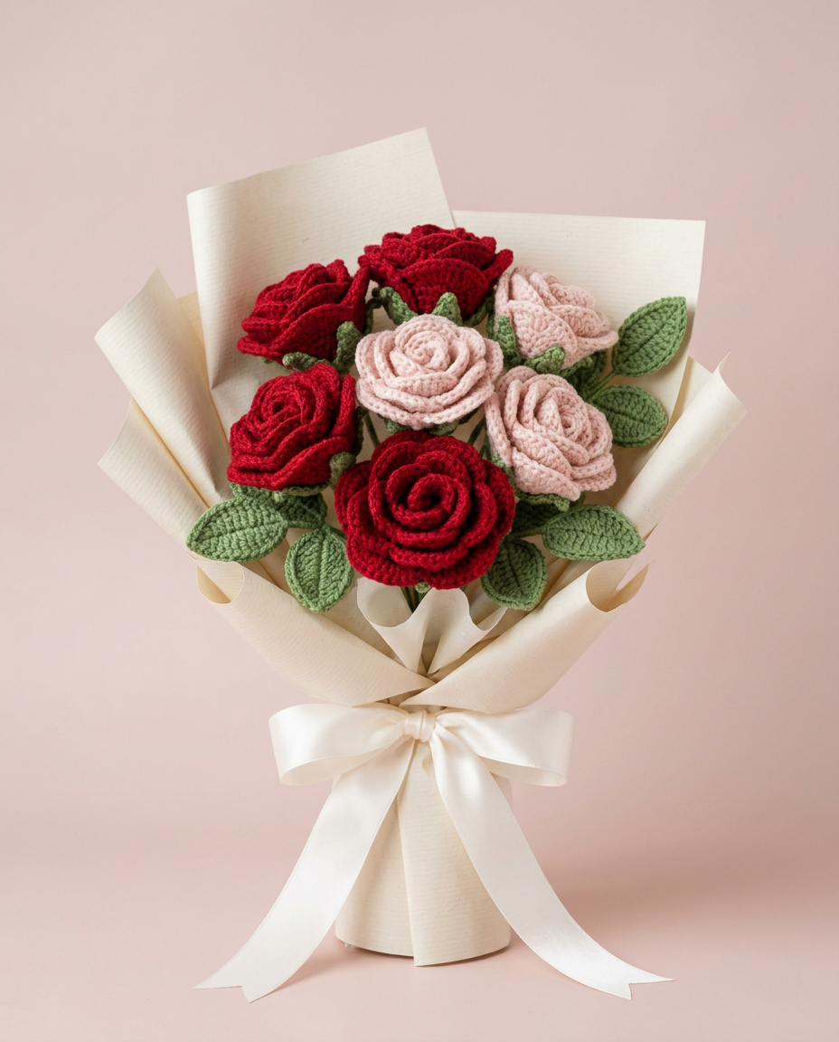 Crochet red and blush rose bouquet