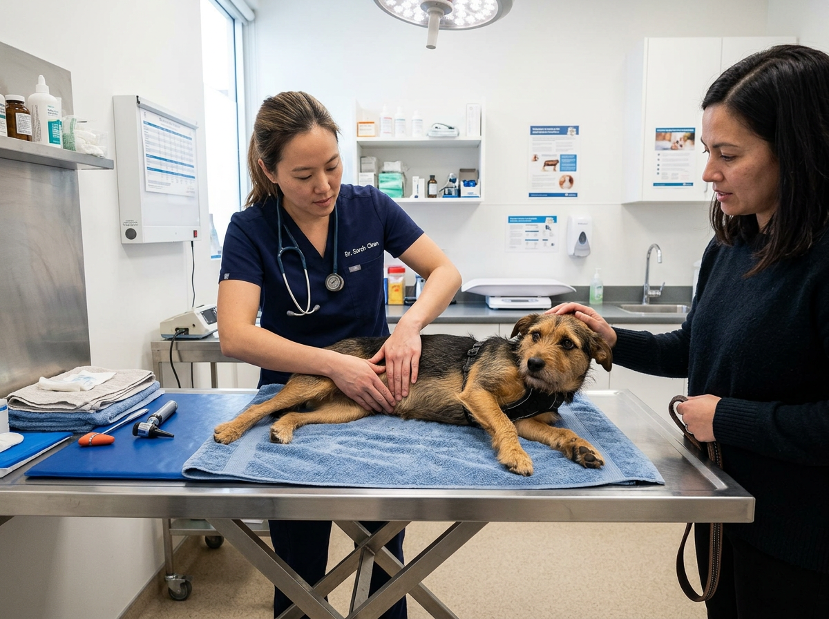 Fase 4: veterinario che visita la pancia di un cane in ambulatorio