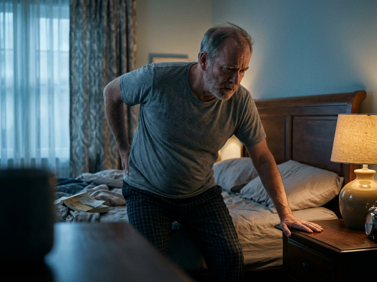 Man in his sixties wobbling as he stands up from bed at dawn, steadying himself on the nightstand