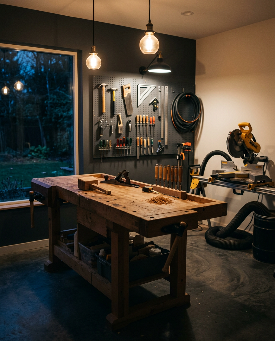 Organized woodworking shop with a maple workbench, pegboard tool wall and miter saw station
