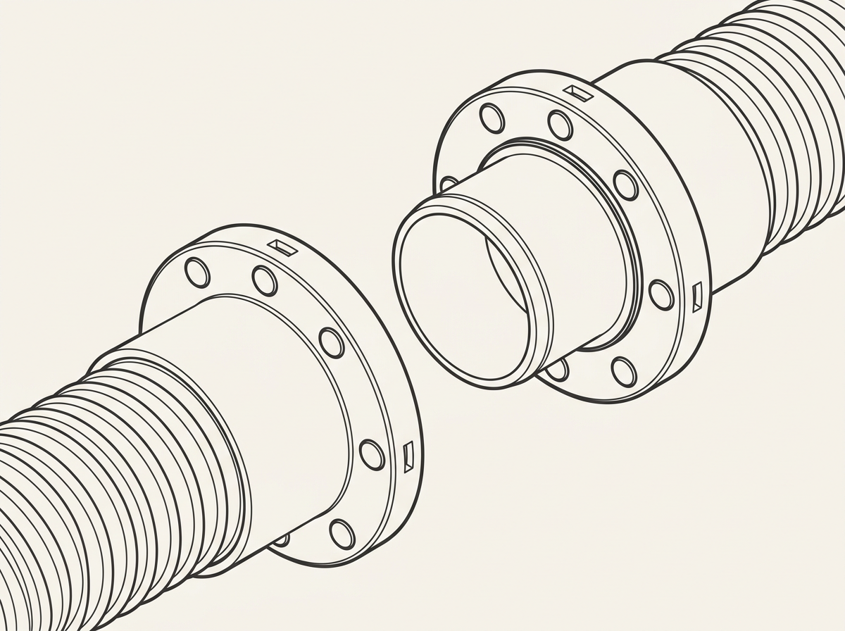 Line drawing of a magnetic quick-connect hose coupler: two flanged halves with ring magnets and an O-ring, each fitted to a ribbed hose