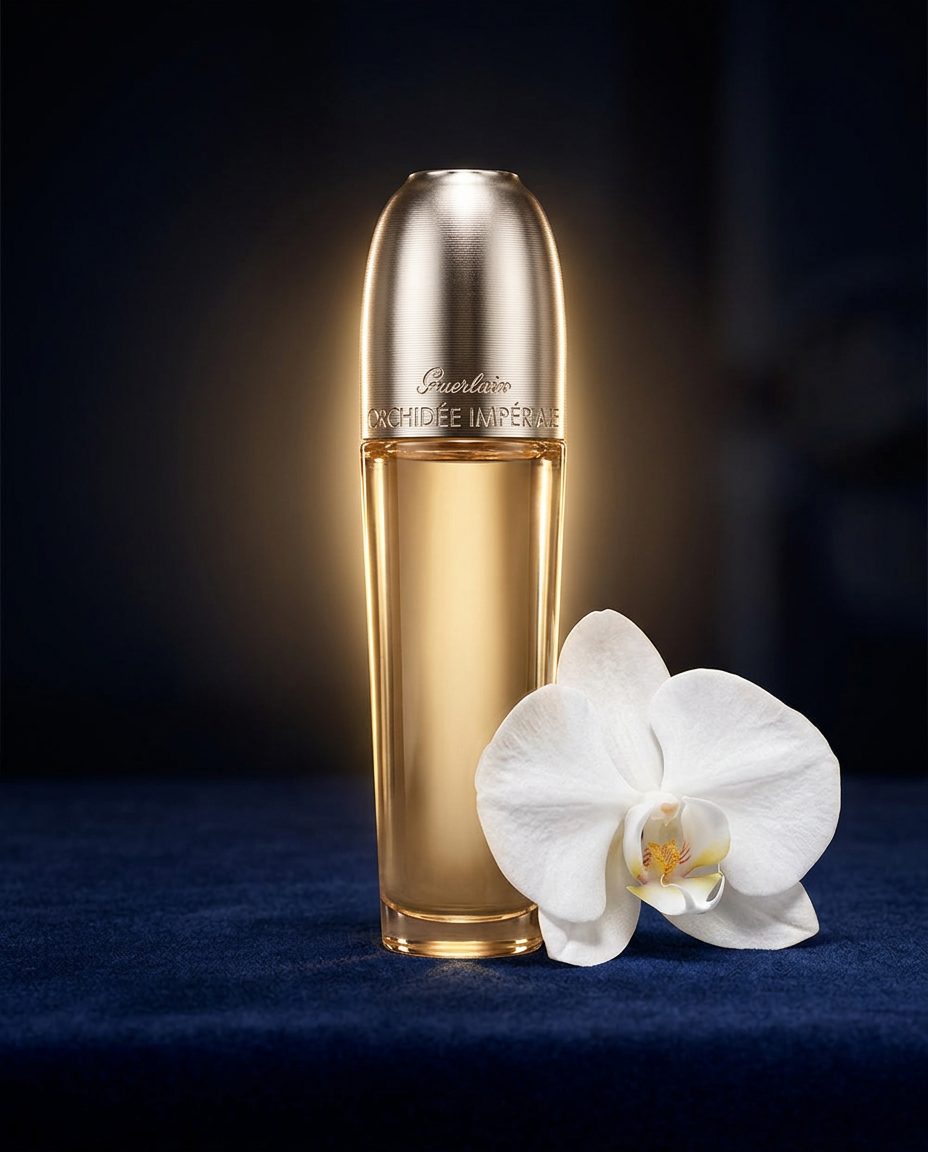 Óleo Orchidée Impériale da Guerlain sobre veludo azul, ao lado de uma orquídea branca