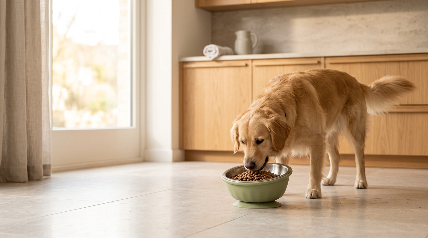 A golden dog eating from the sage-green Tilted Dog Bowl in a bright kitchen