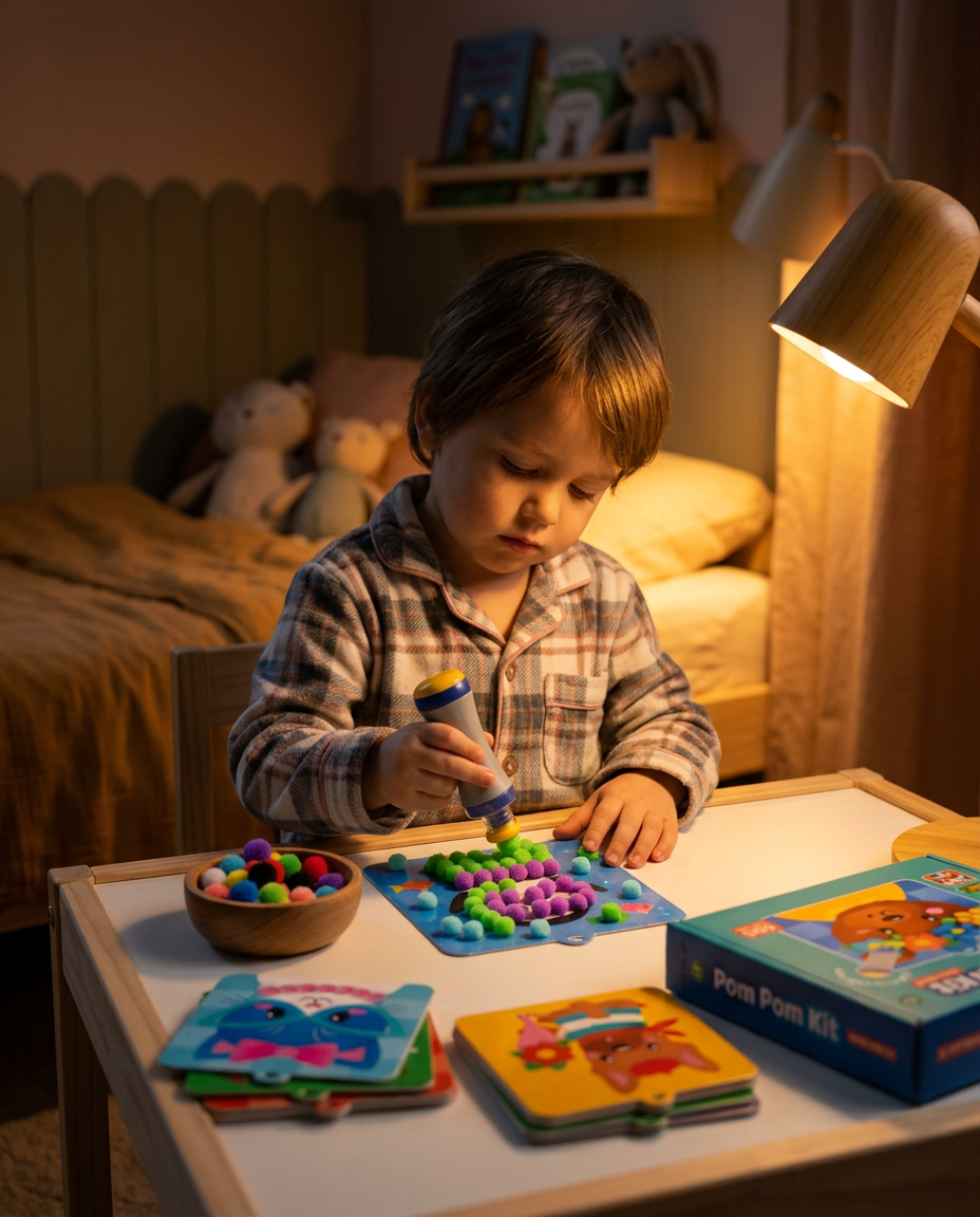 Dítě v pyžamu večer u lampy v klidu tvoří zvířátko z bambulek