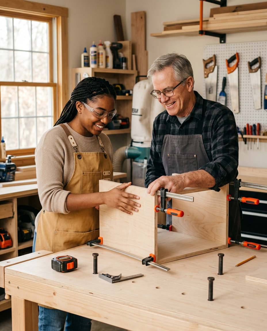 An experienced woodworker helping a beginner assemble a cabinet at a plywood workbench