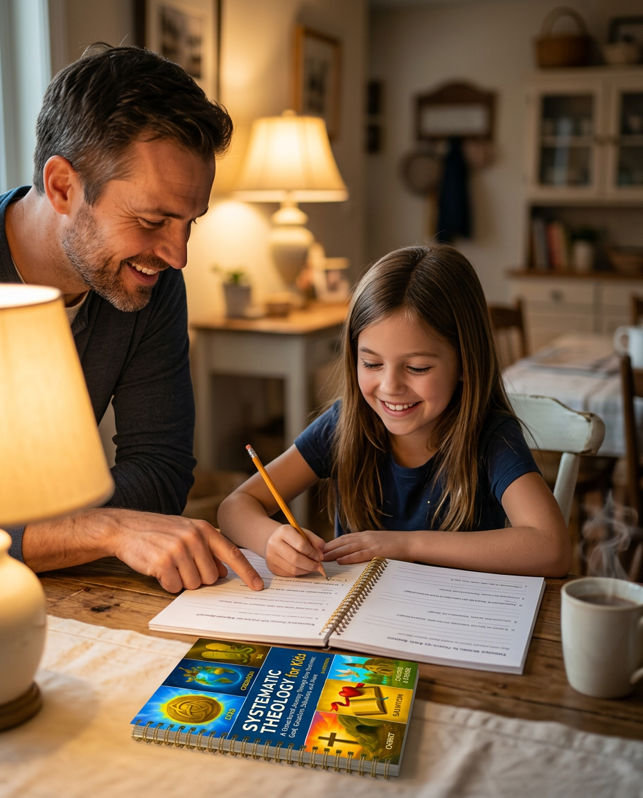 Girl filling in her Bible study workbook with her father
