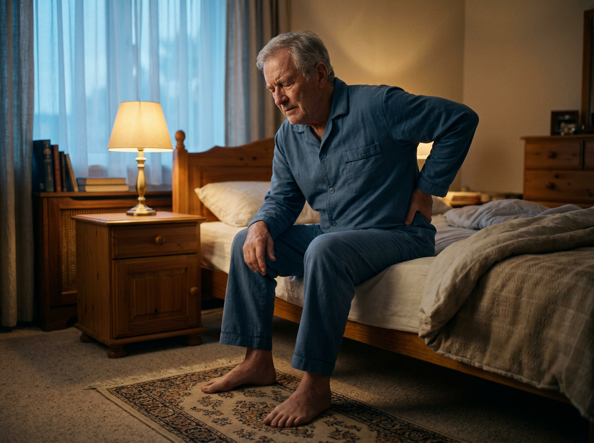 Grey-haired man around 70 sitting on the edge of his bed at dawn, wincing and holding his lower back