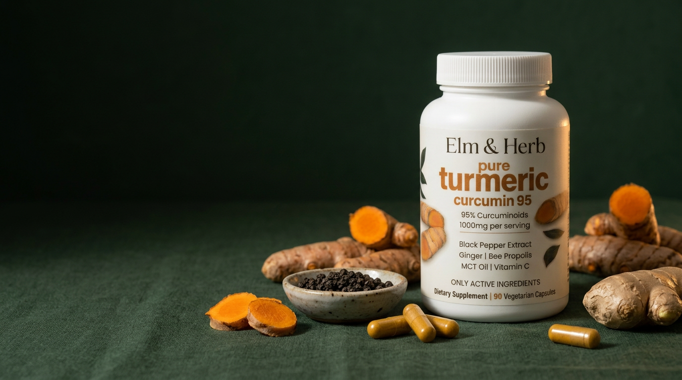 Elm & Herb turmeric bottle on dark green linen with fresh turmeric root, ginger, black peppercorns and vegetarian turmeric capsules