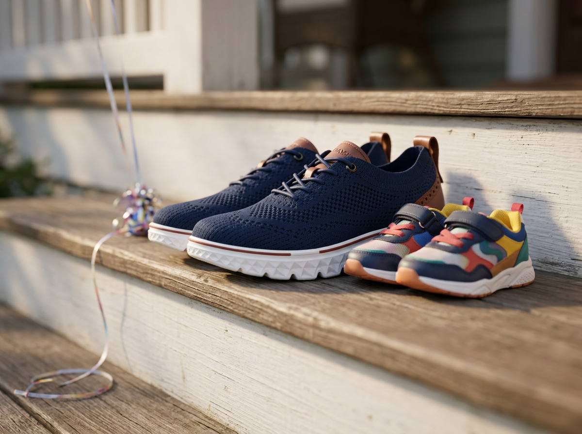 Navy OrthoFit sneakers with chestnut leather heels sitting on a wooden porch step beside a small pair of children's sneakers