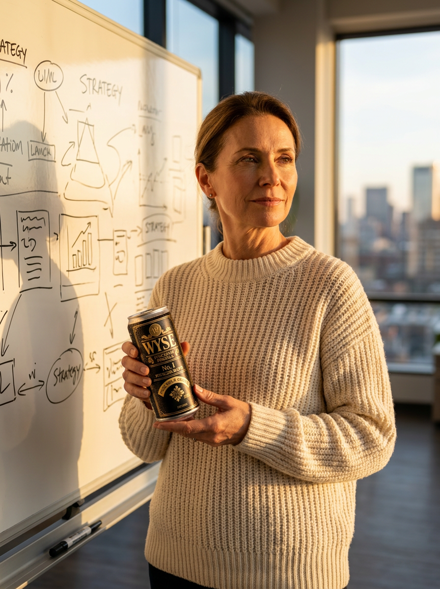 A founder in a cream sweater holds a Wyse can in front of a strategy whiteboard