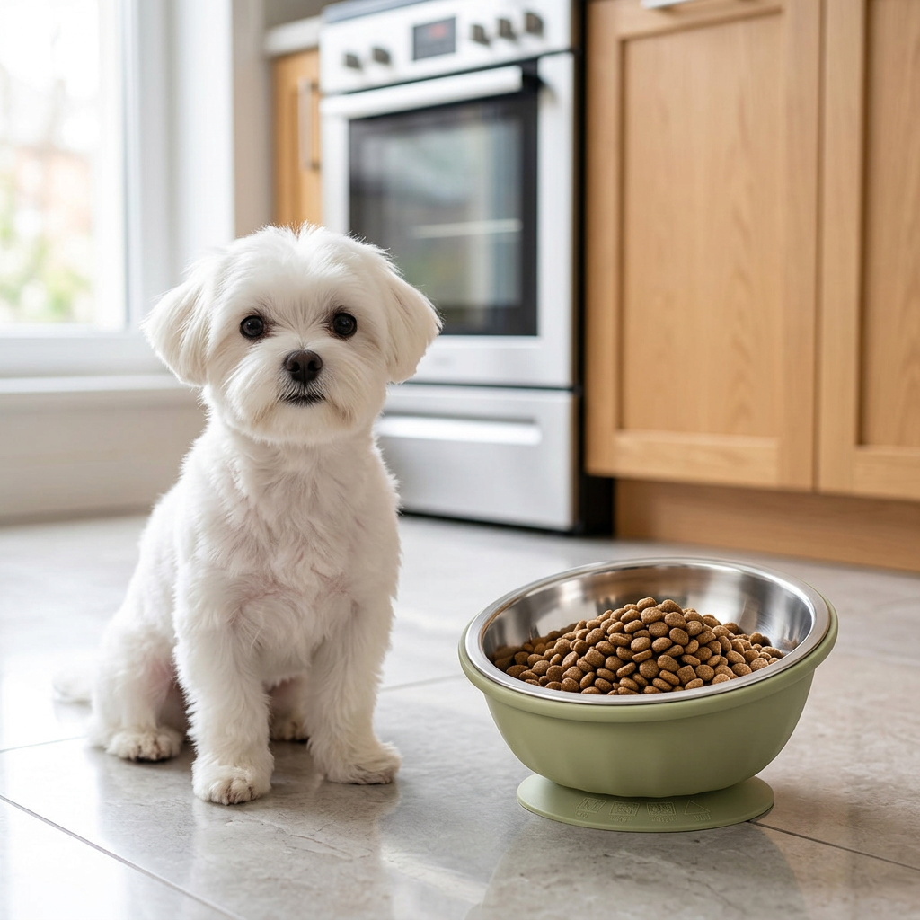 A fluffy white Maltese sitting beside the tilted bowl full of kibble on a tiled kitchen floor