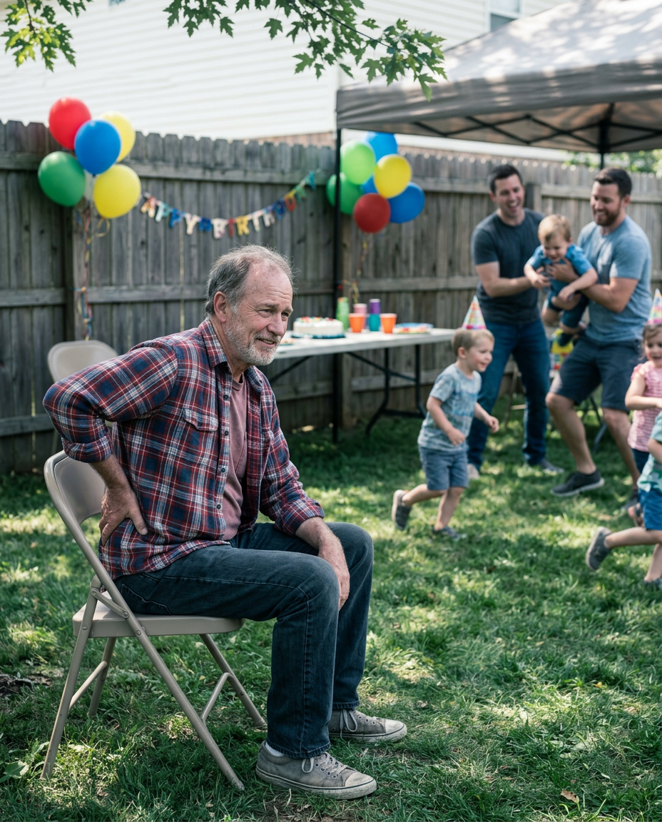 Older man sitting alone on a folding chair at a backyard birthday party, holding his back while the younger dads play with the kids