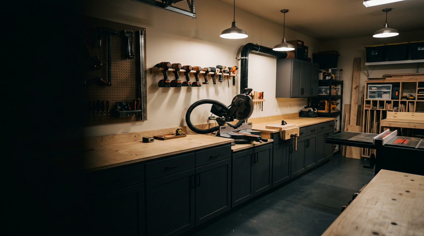 Organized woodworking garage shop with charcoal cabinets and a miter saw station