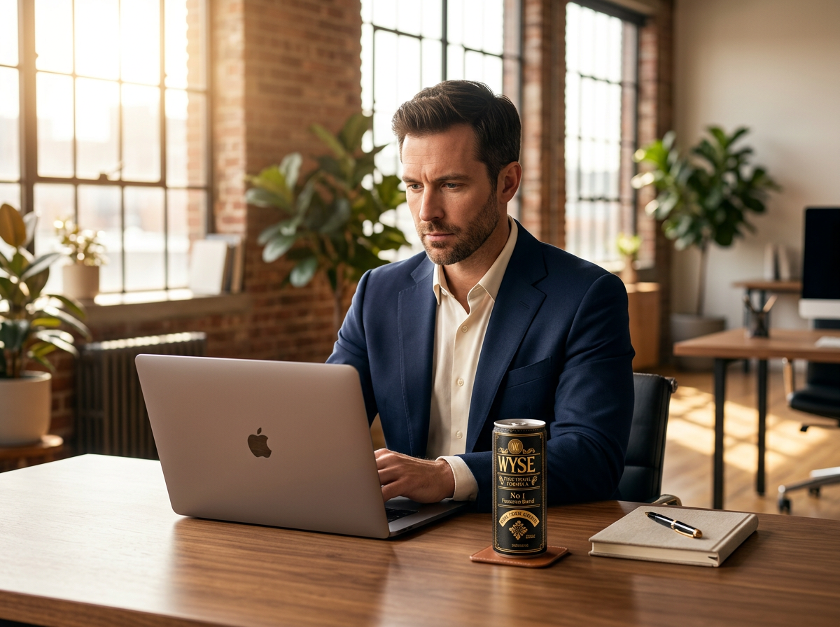 A founder works at a sunlit walnut desk with a Wyse can beside his notebook
