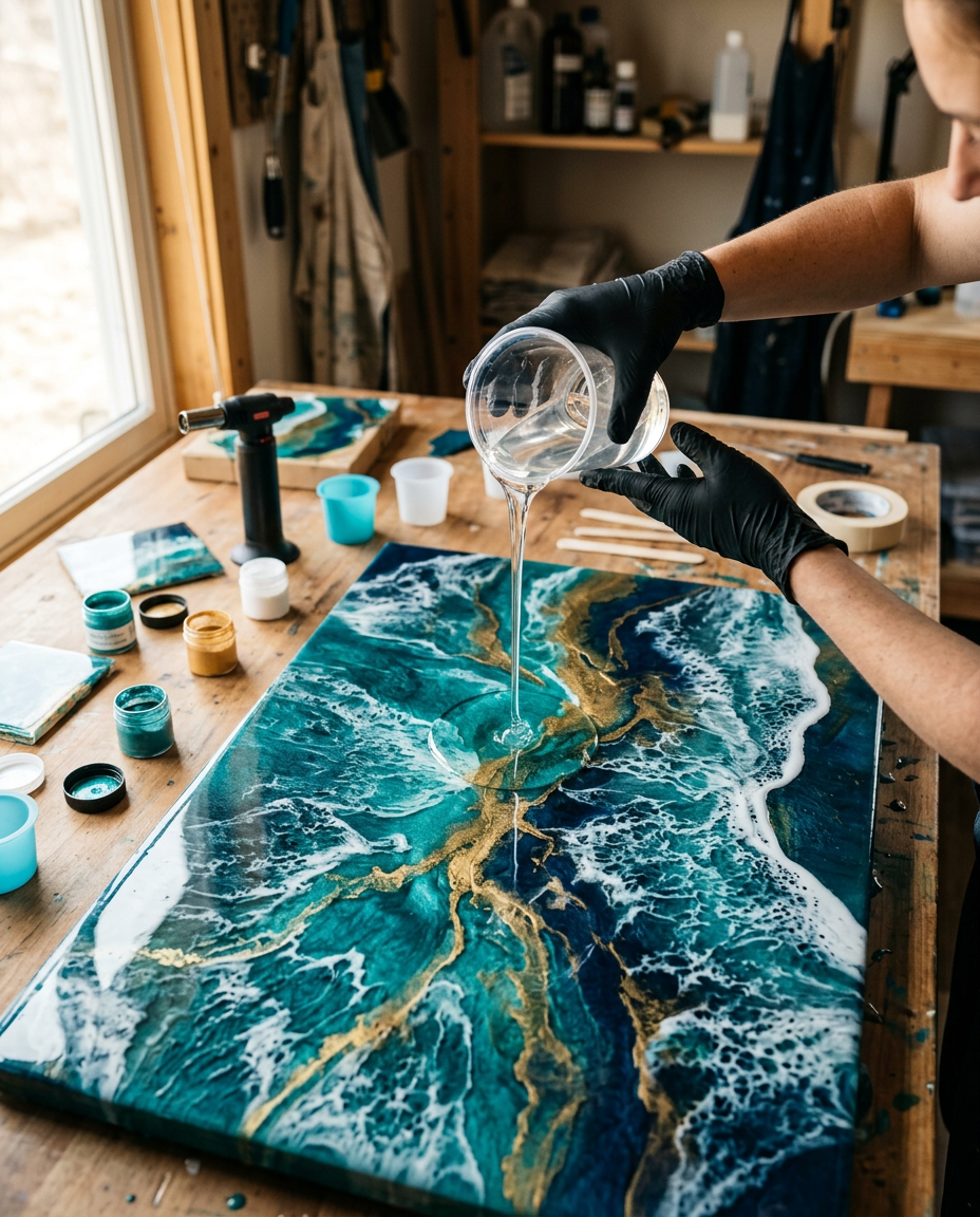 Artist pouring clear epoxy resin over an ocean-themed resin art panel in teal, navy and gold