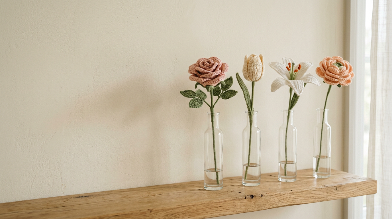 Single crochet rose, tulip, lily and ranunculus stems in glass bud vases
