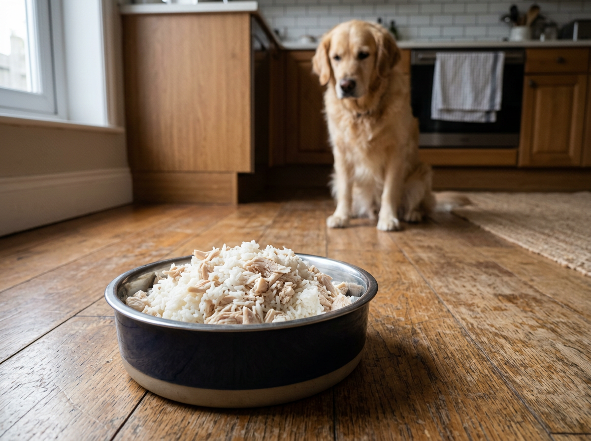 Ciotola con riso bianco e pollo bollito, dieta in bianco per cani