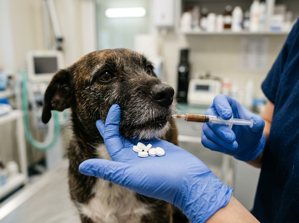 Veterinario che tiene in mano compresse e pasta antidiarroica accanto al muso di un cane