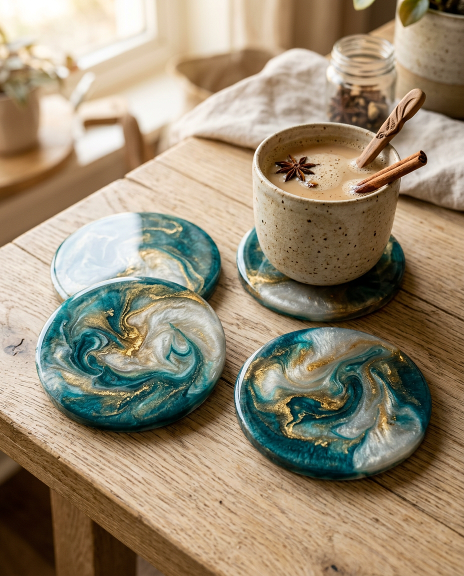Marbled teal and gold resin coasters beside a cup of chai