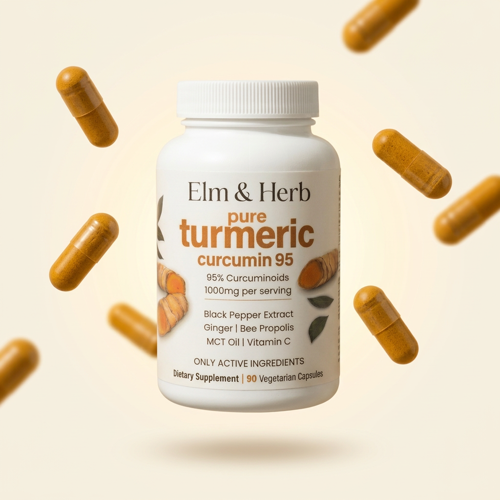 Elm & Herb turmeric bottle with golden vegetarian capsules floating around it