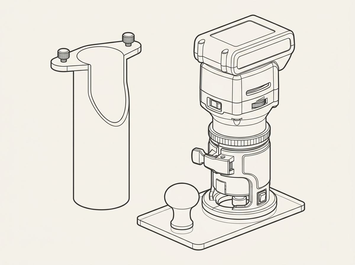 Line drawing of a trim router on an oversized clear acrylic base with a knob handle, next to its scooped dust collection tube with thumbscrew mounting flange