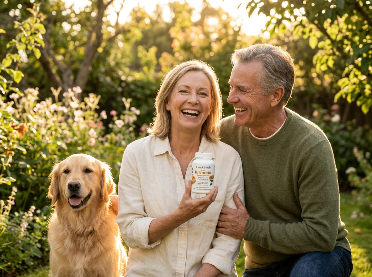 Smiling couple in their sixties with their golden retriever in the garden, holding a bottle of Elm & Herb turmeric