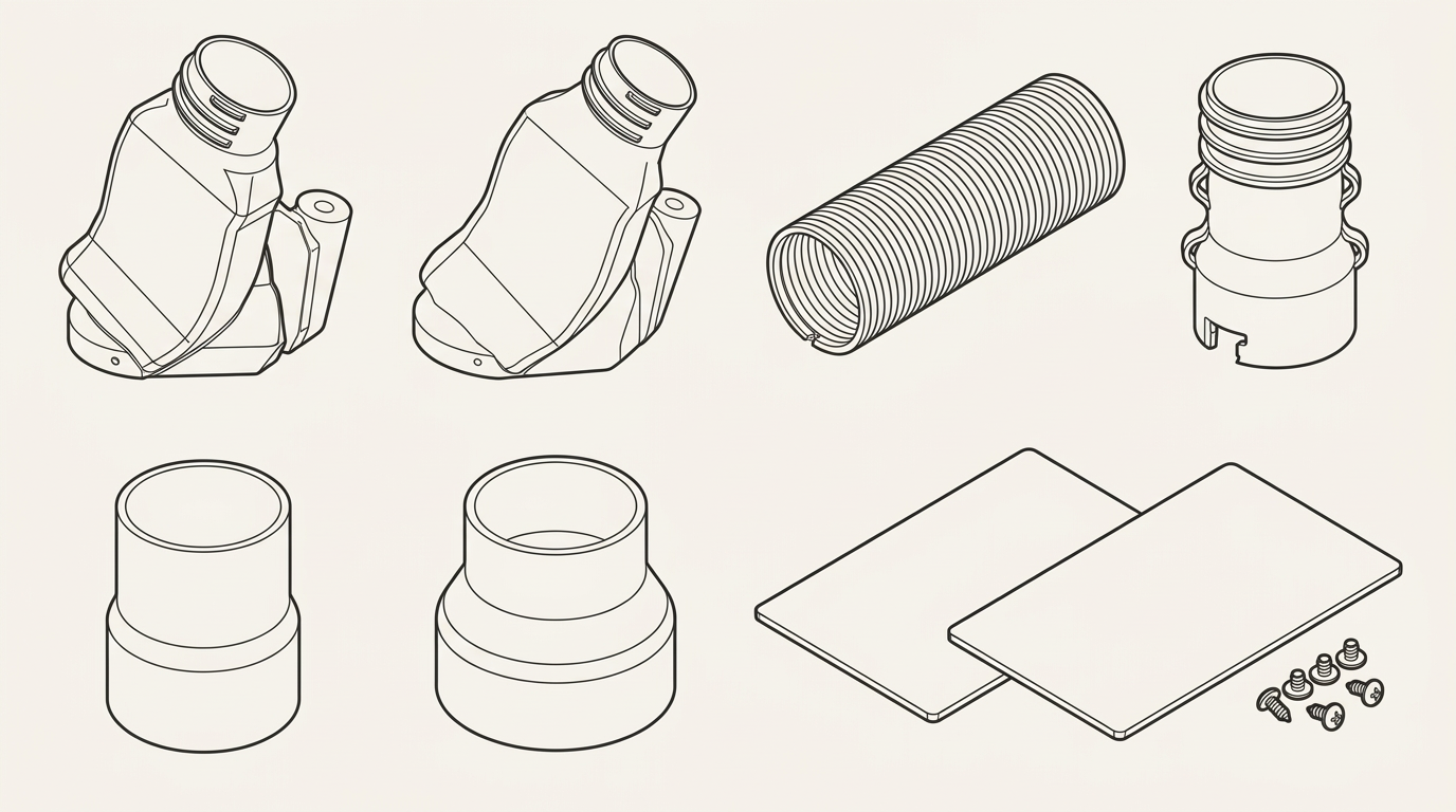 Line drawing of replacement parts laid out in a grid: chute bodies, flexible hose, hose transition, hose adapters, flaps and screws