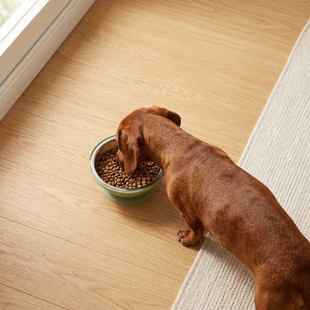 A standard dachshund eating kibble from the tilted bowl's stainless steel insert on a wooden floor