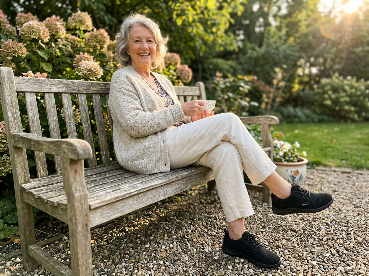 A smiling woman in her seventies sitting on a garden bench wearing black knit wide toe box sneakers
